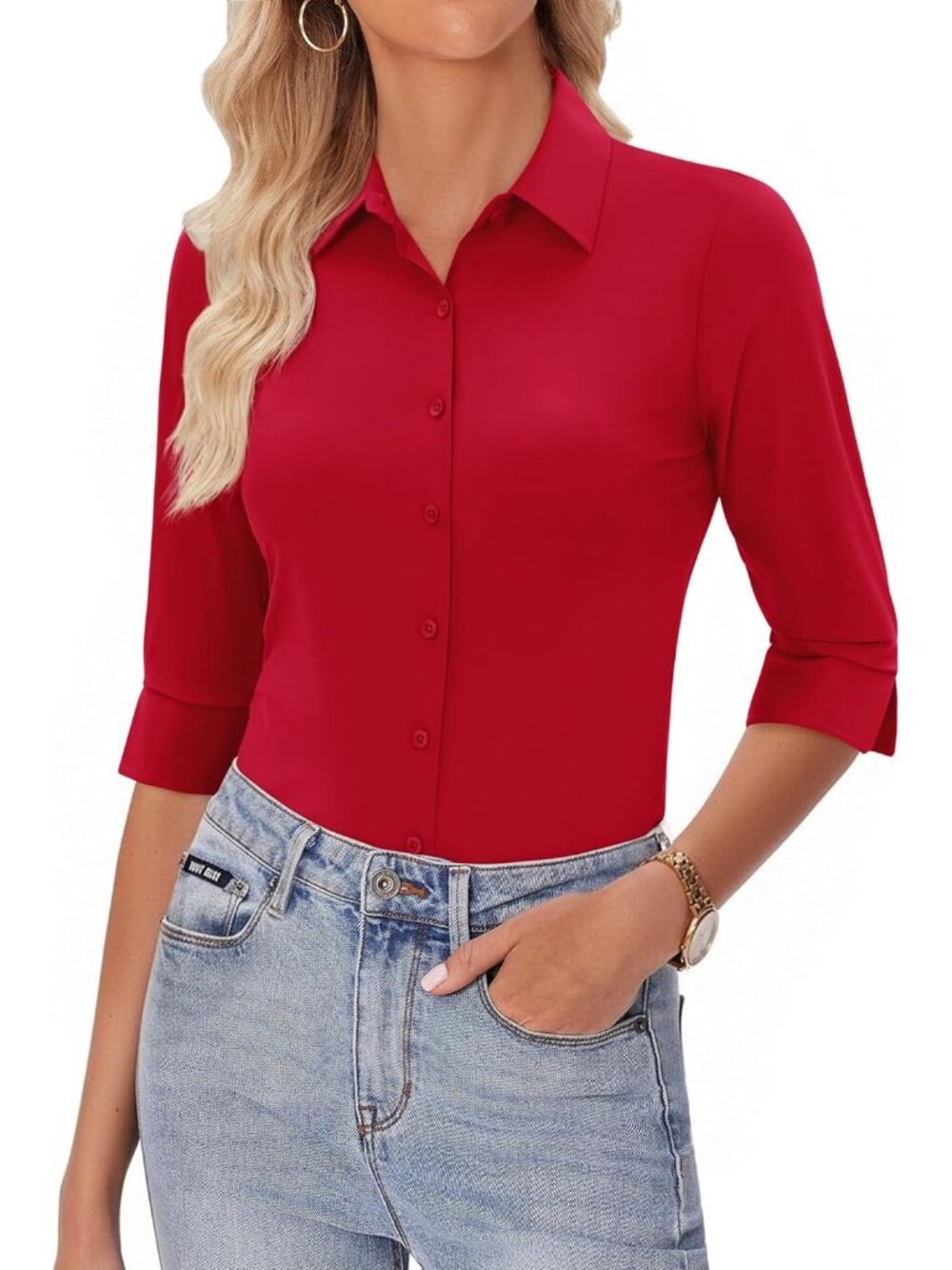 Women's Red 3/4 Sleeve Button Down Shirts Stretch Wrinkle Free Work Blouses